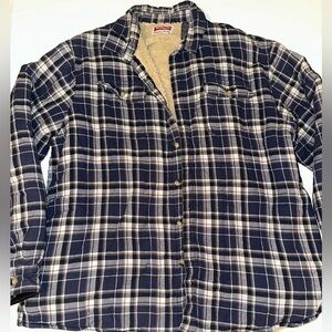 Wrangler Men’s XL Sherpa Lined Shacket Blue White Plaid Flannel Jacket Coat